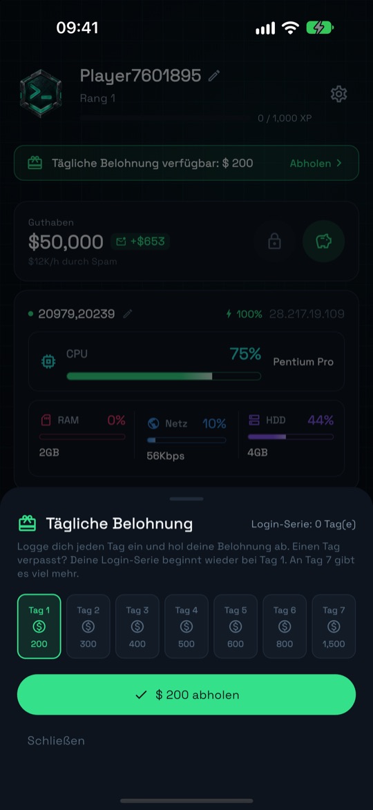 Startbildschirm der App mit Guthaben, CPU, RAM, Netzwerk, HDD und den Verknüpfungen Infra, Karte, Angriff und Labor.
