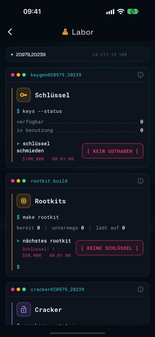 Labor mit den Bereichen Schlüssel und Rootkits, mit verfügbaren und benutzten Schlüsseln und dem Schmieden-Button.