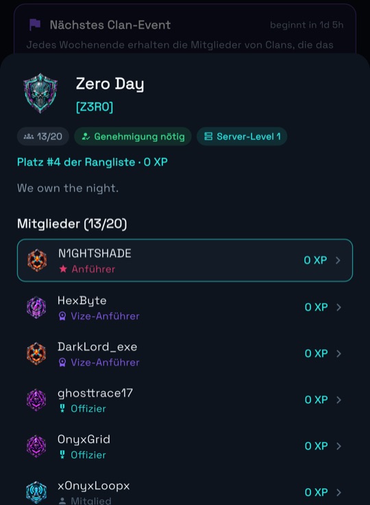 Clan-Bildschirm mit Suche, Einladungscode und der Liste der Clans mit ihrem Server-Level.