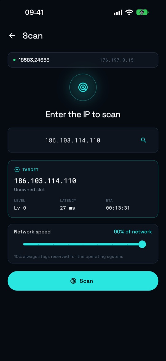 Scan screen with the target IP, level, latency, ETA and network speed.