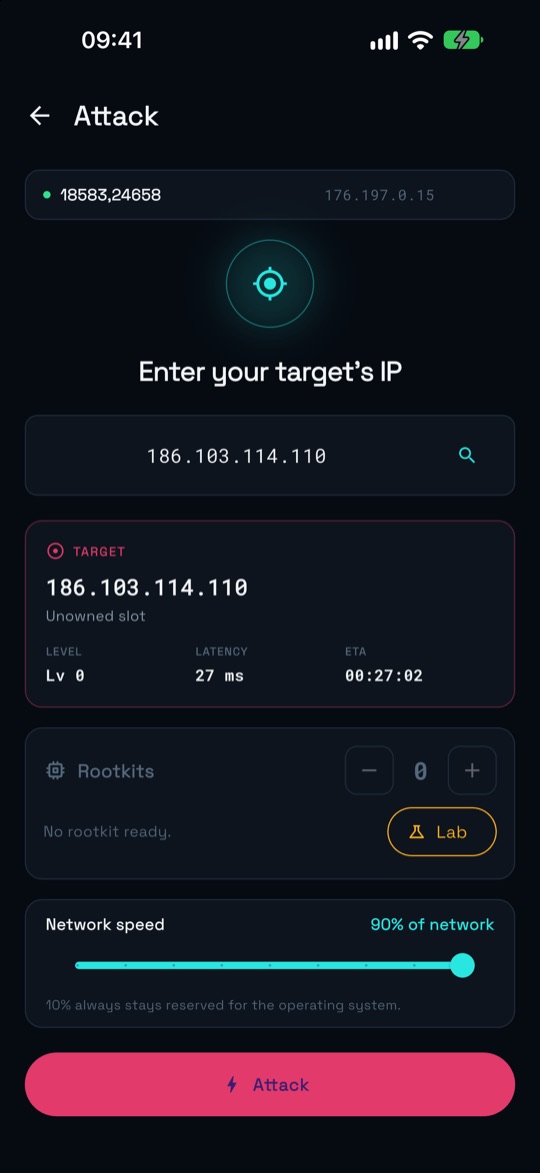 Attack screen with the target, the rootkit selector and network speed.