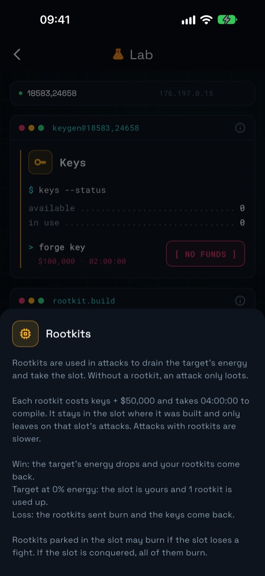 Rootkits help sheet explaining their use in attacks and what happens on a win, a conquest and a loss.
