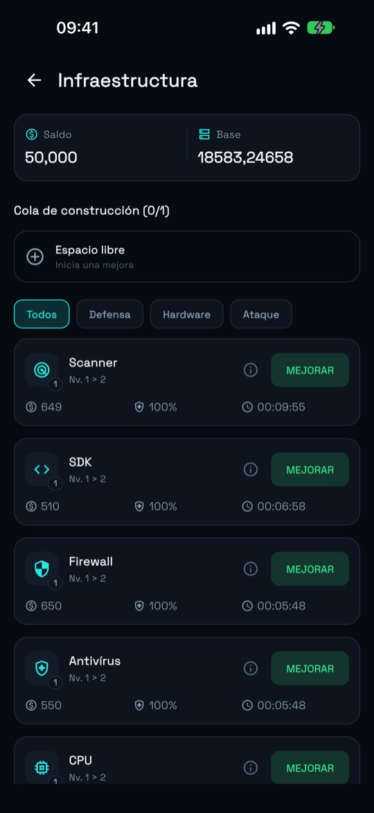 Pantalla de Infraestructura con la lista de módulos (Scanner, SDK, Firewall, Antivirus, CPU) y botones de mejora.