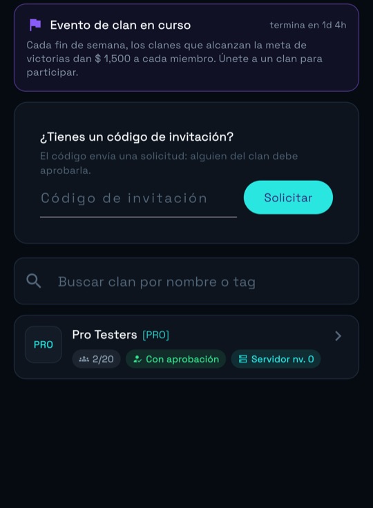 Pantalla de Clan con búsqueda, código de invitación y la lista de clanes con el nivel del servidor.