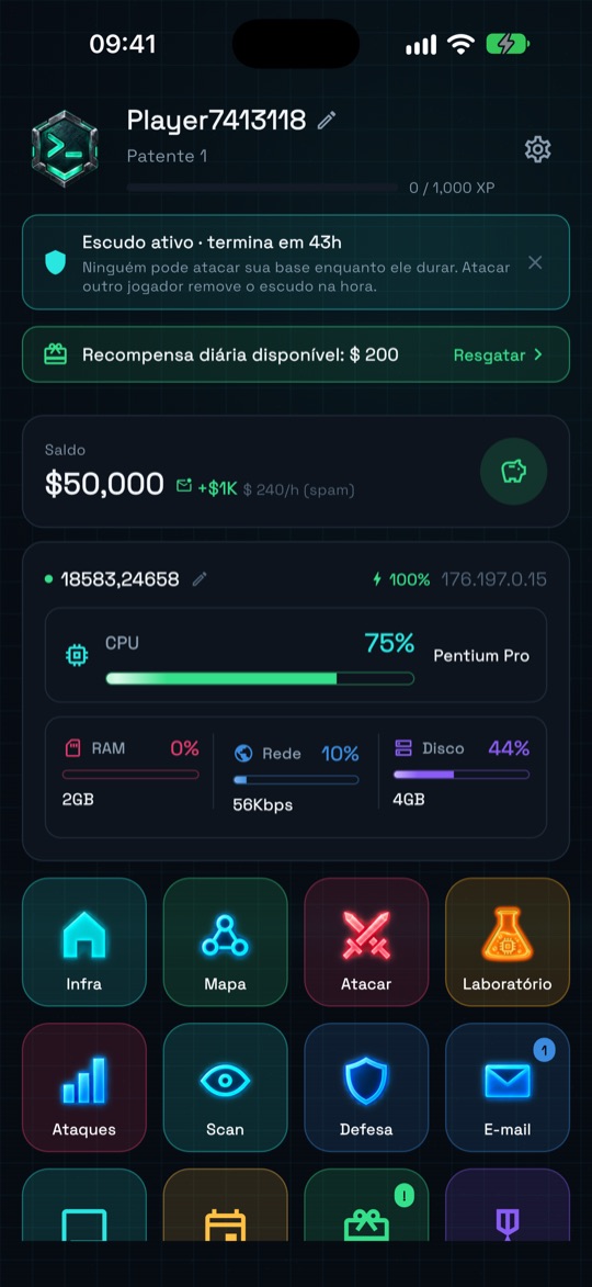 Tela inicial do app com saldo, CPU, RAM, rede, disco e os atalhos Infra, Mapa, Atacar e Laboratório.