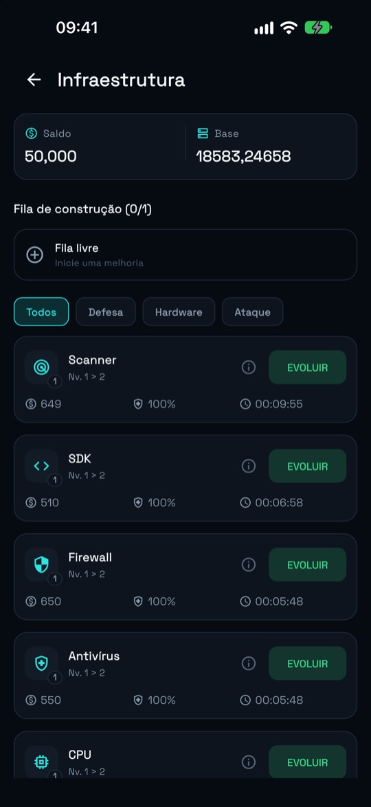 Tela de Infraestrutura com a lista de módulos (Scanner, SDK, Firewall, Antivírus, CPU) e botões de upgrade.