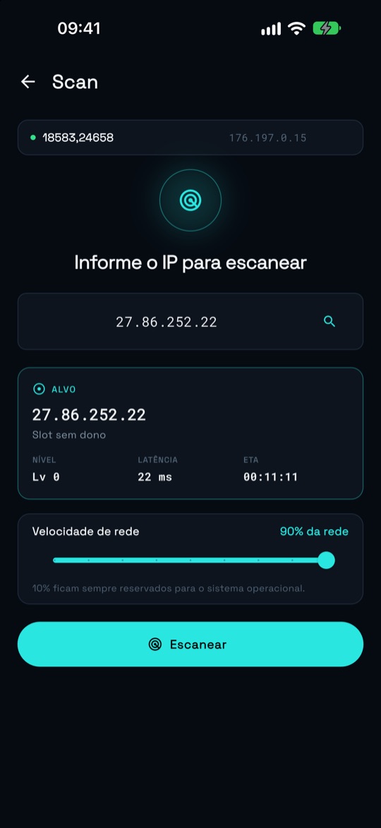 Tela de Scan com o IP do alvo, nível, latência, ETA e a velocidade de rede.